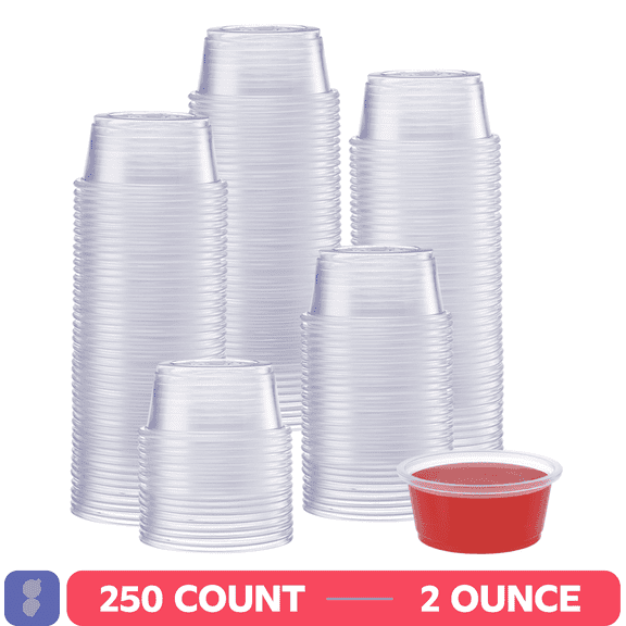 GUSTO 2 oz Jello Shot Cups, Plastic Portion Cups, Disposable Condiment Cups and Sauce Containers for Dressings, Dips and Samples, 250 Count (No Lids)