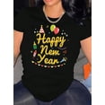 thumbnail image 1 of Women's "Happy New Year" Festive Black T-Shirt - Casual & Sporty Round Neck Short Sleeve, Comfortable Polyester Blend, Machine Washable, Perfect for Holiday Celebrations, Best for Christmas, 1 of 6