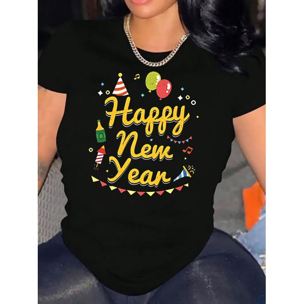 Camiseta negra festiva "Feliz Año Nuevo" para mujer: informal y deportiva, cuello redondo, manga corta, cómoda mezcla de algodón, lavable a máquina, perfecta para celebraciones navideñas, ideal para N
