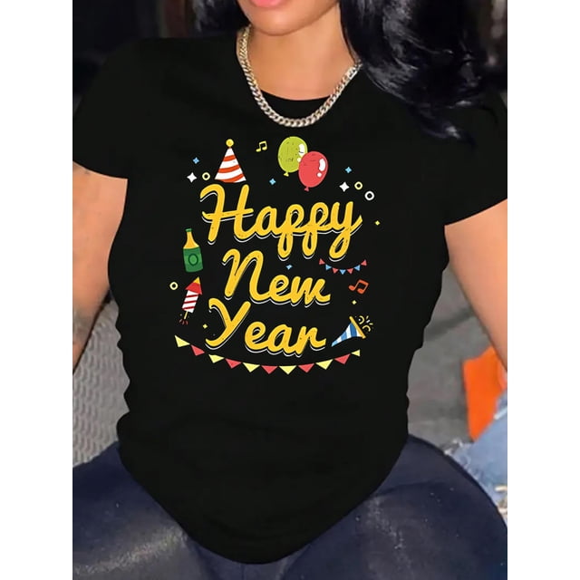 Women's "Happy New Year" Festive Black T-Shirt - Casual & Sporty Round Neck Short Sleeve, Comfortable Polyester Blend, Machine Washable, Perfect for Holiday Celebrations, Best for Christmas