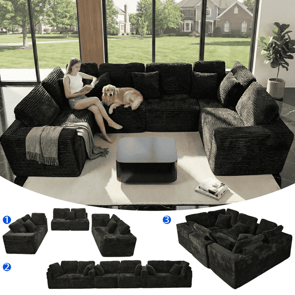 SEENYOO 135.5" Cloud Couch,Boneless Sectional Sofa for Living Room,Black U Shaped Couch with Chaise,6-Seater,Corduroy Fabric,Freely Configurable Layout