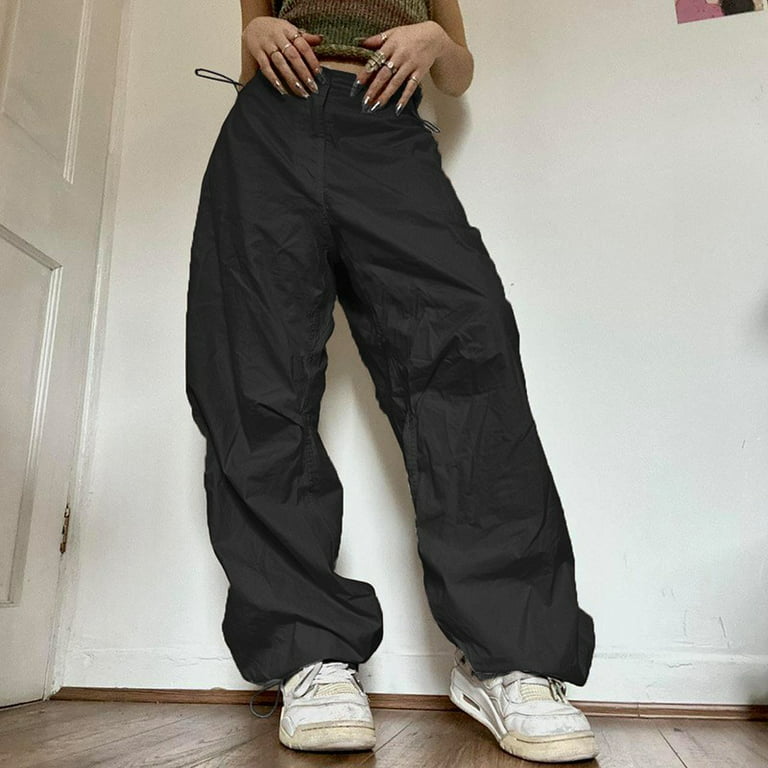 ZXHACSJ Women Loose Cargo Pants Hip Hop Sports Pants Drawstring Loose Wide  Leg Casual Pants Black XL
