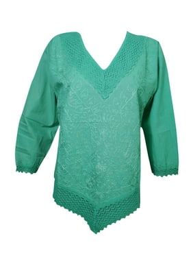 Mogul Womens Green Top Cotton Long Sleeves Embroidered Casual Blouse