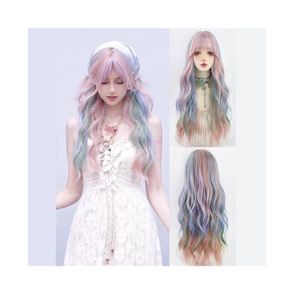 Pink Green Blue Highlights Synthetic Long Wavy Wig with Bangs Fluffy Wig for Daily Party