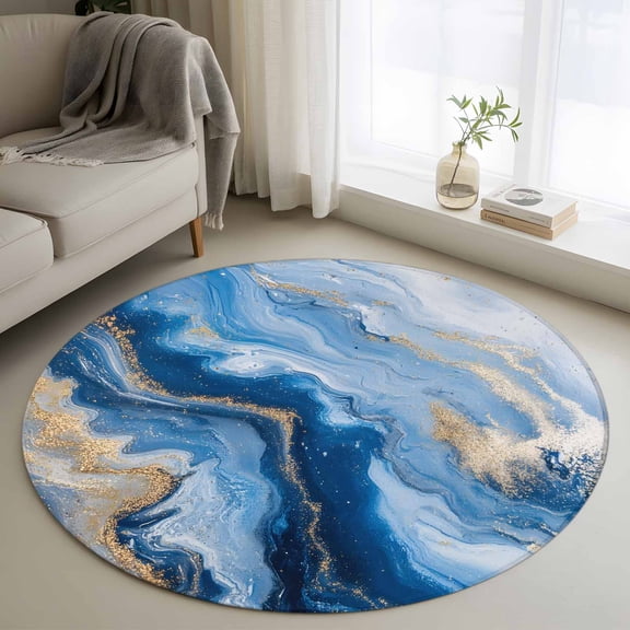 Round Rugs 3.3Ft, Blue Marble Round Area Rug Washable Indoor Throw Carpet, Modern Abstract Ink Painting Art Soft Non Slip Circle Rug for Laundry Room Patio Home Decor Aesthetic
