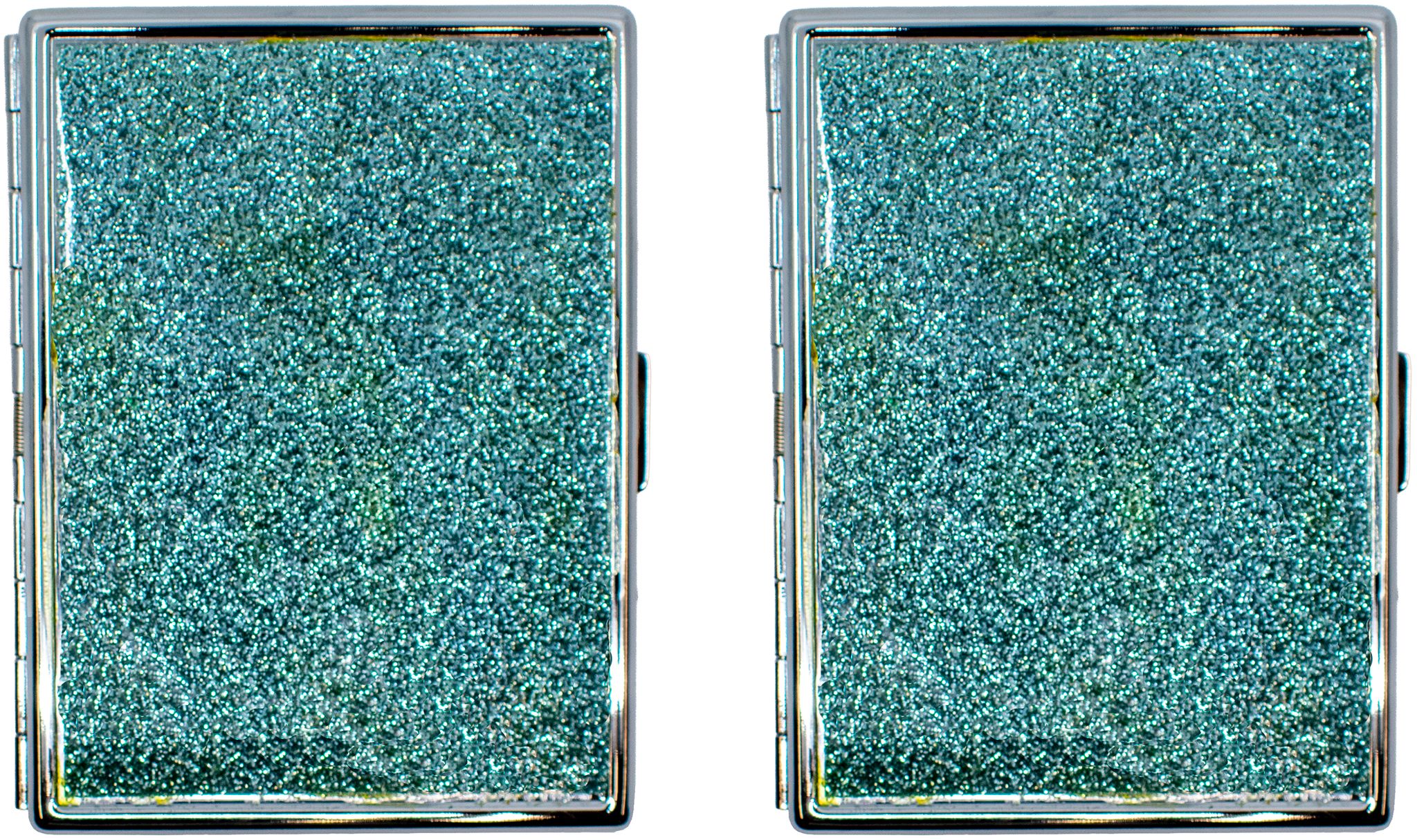 Set of 2 Metal-Plated 100s Ultra Compact Cigarette Case With Insert (Aqua Glitter)