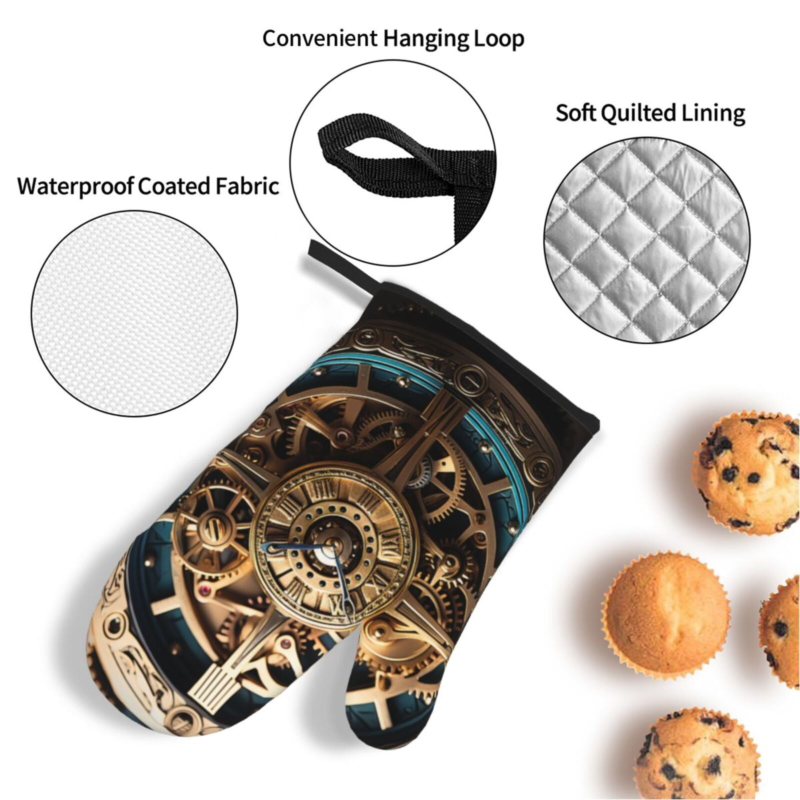 Steampunk Clockwork Wheels Art 4Pcs Oven Mitts and Pot Holders Sets Oven Kitchen Gloves Hot Pads for Cooking BBQ Baking Grilling