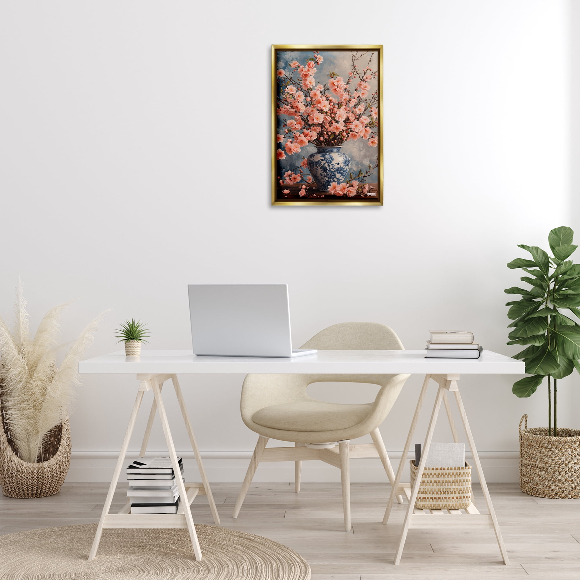 Stupell Industries Detailed Cherry Blossom Vase Botanical & Floral Painting Gold Floater Framed Art Print Wall Art, 17 x 25
