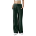 thumbnail image 2 of Straight Leg Leggings High Stretch Yoga Pants Women Soft High Waisted Casual Wide Leg Pants with Pockets Dark Green 30", 2 of 5