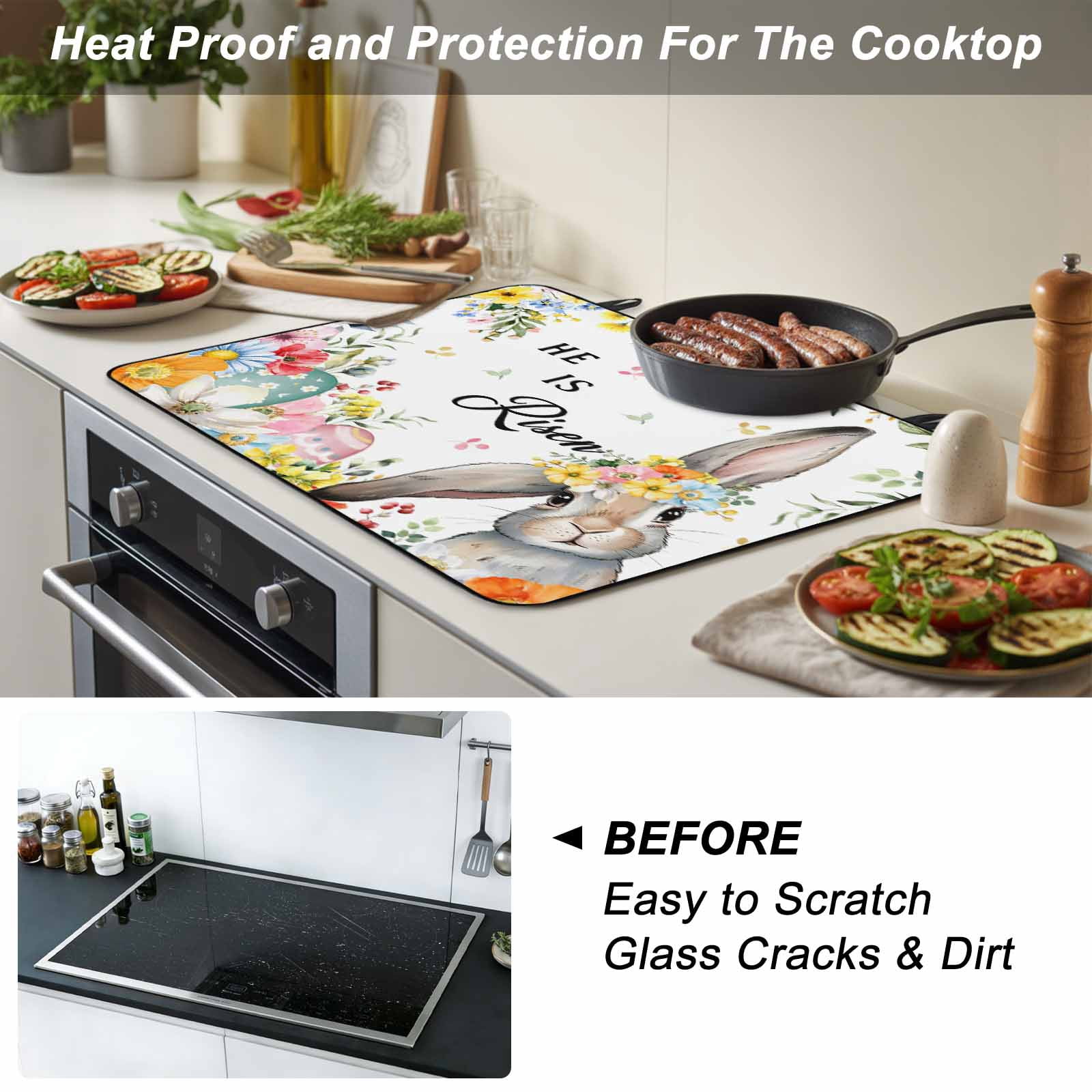 Easter Stove Top Cover for Electric Stove, Heat-proof & Non Slip Glass Top Stove Cover Protector, Easter Bunny Spring Watercolor He Is Risen Flowers Kitchen Flat Cooktop Rubber Mat 24x21 Inches