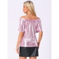 thumbnail image 3 of DARING DIVA Women's Off Shoulder Short Sleeve Sparkly Metallic Blouses S Pink, 3 of 6