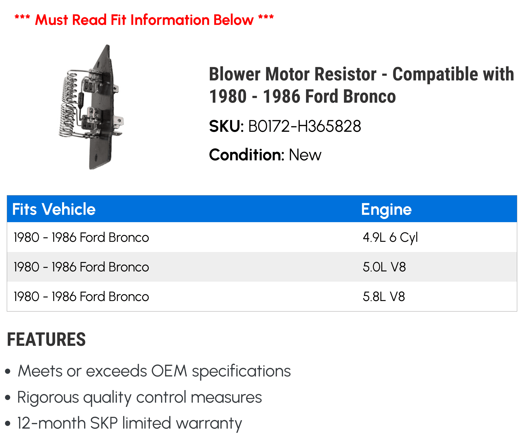 Blower Motor Resistor - Compatible with 1980 - 1986 Ford Bronco 1981 1982 1983 1984 1985