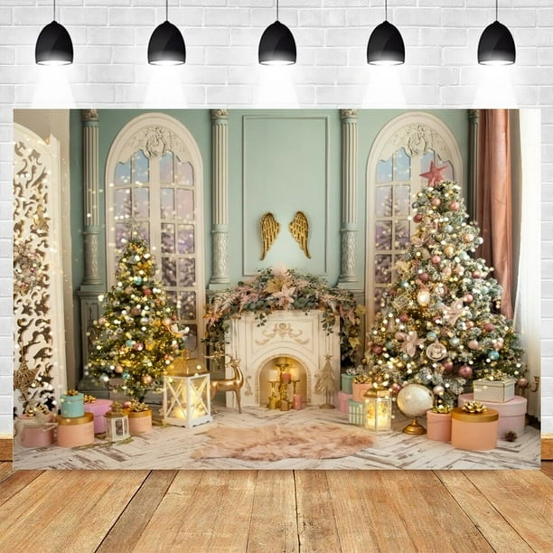 Fondo de fotografía de chimenea de Navidad, corona de regalo de árbol de Navidad, Fondo de pared de ladrillo blanco, Festival familiar, fiesta, estudio fotográfico