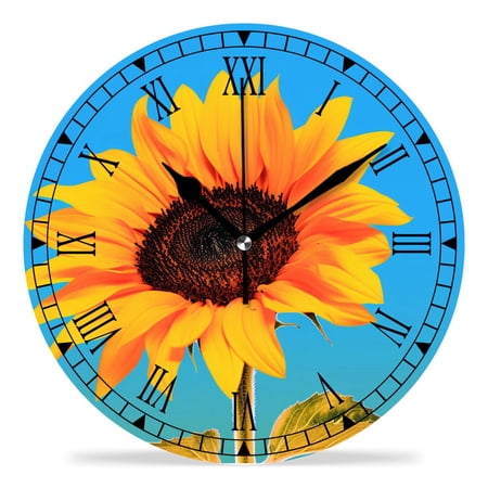 erolrail Rustic Wall Clock,Silent Non Ticking Wall Clocks for Living Room,Bedroom,Kitchen 12IN Bright Yellow Sunflowers Head Beautiful Pattern