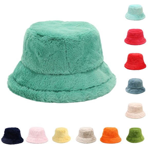 Xijirk Womens Fuzzy Bucket Hat with Wide Brim Warm Solid Color Winter Hat for Travel Shopping Outdoor Daily Casual Wear,GN2,One Size