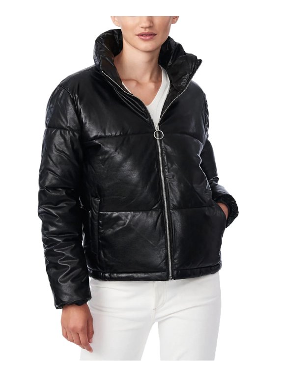 Women's Black Faux Leather Puffer Coat