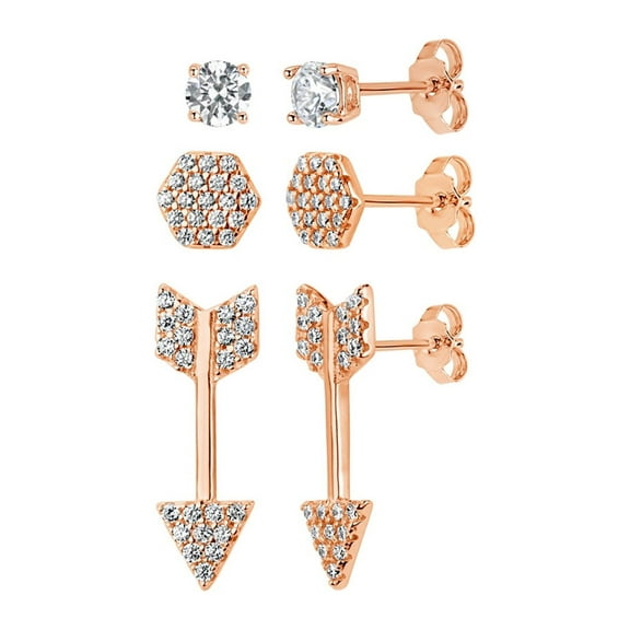 18k Rose Gold Over Sterling Silver White Cubic Zirconia 3 Piece Pave, Circle and Arrow Stud Earrings Set