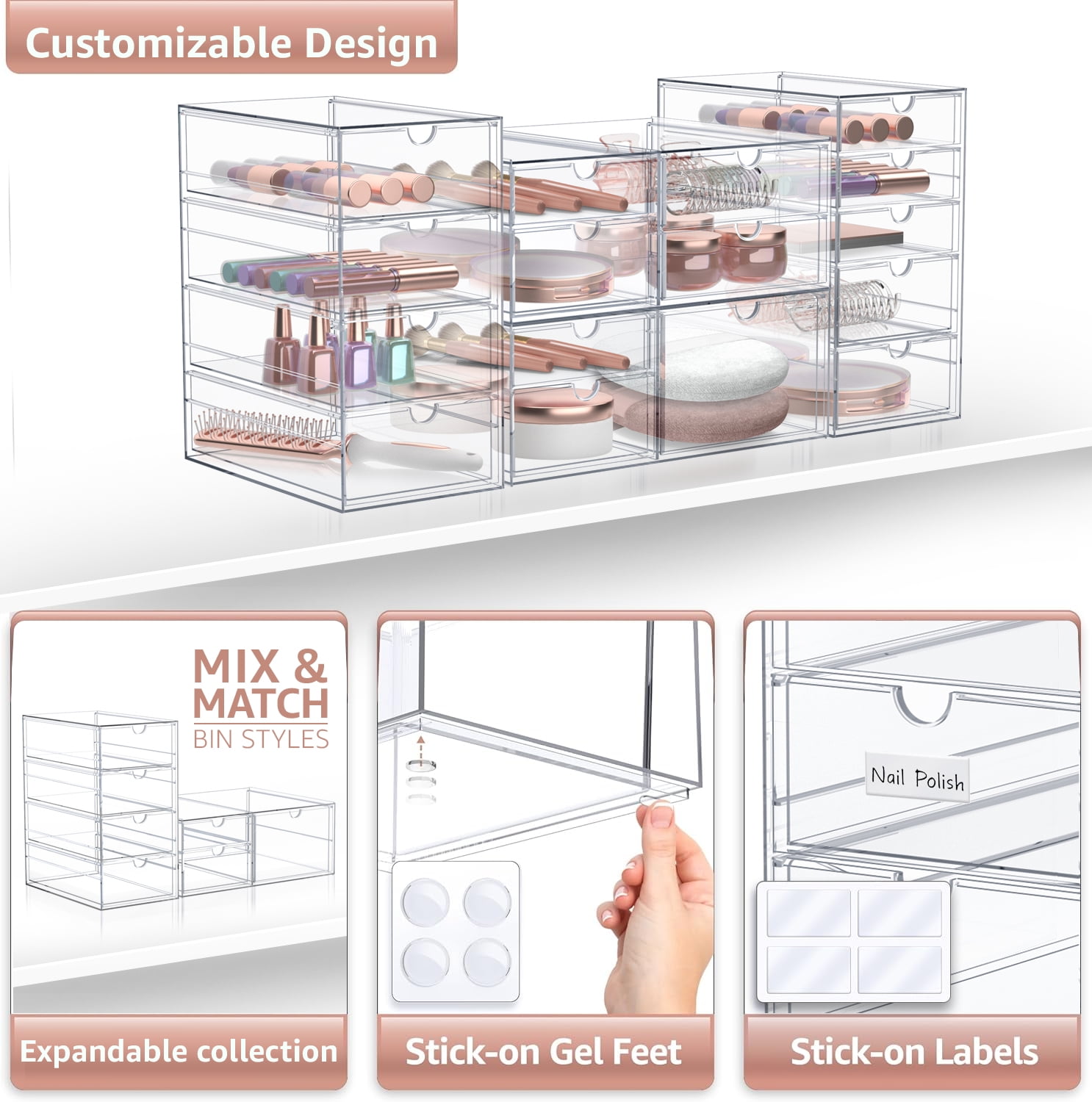 Sorbus 4-Piece Acrylic Makeup Organizer, 16 Drawer Stackable Storage Bins, Clear