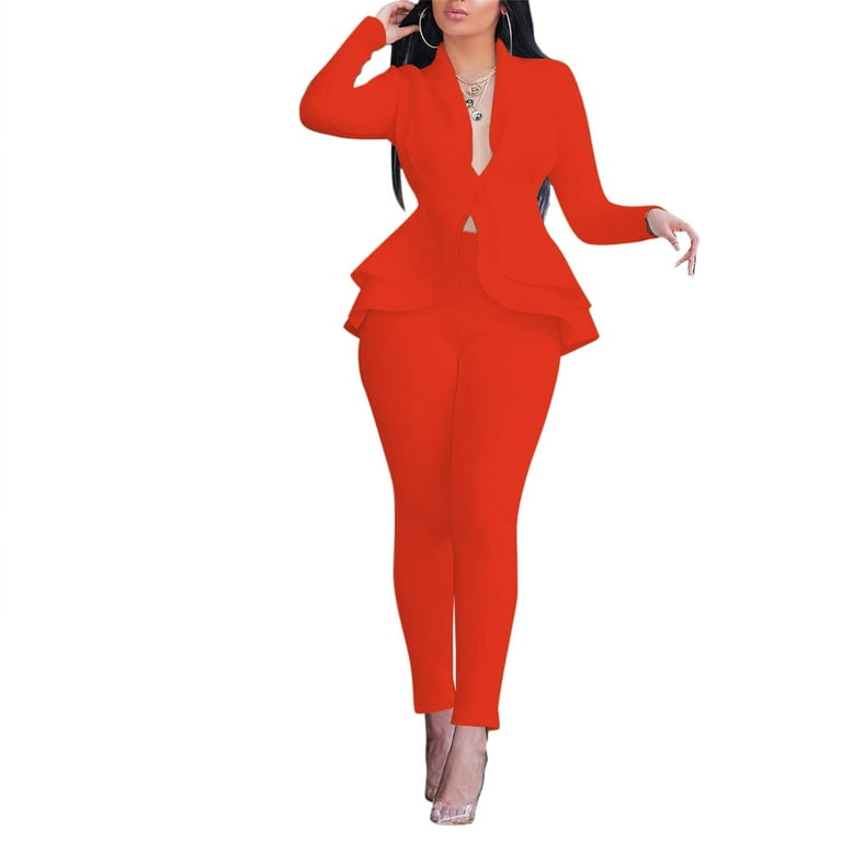 Pants Suits for Women plus Size Women Two-Piece Outfits Fashion Solid  V-neck Ruffles plus Size Pant Suits for Women Dressy Party Summer Business  Casual Clothes for Women 3xl Ski Bibs 