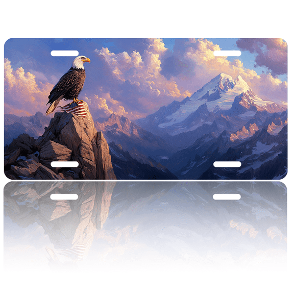 1 Pcs License Plate Covers & Frames, Bald Eagle on Rocky Peak with American Flag and Mountainous Landscape For Decorative Front, Aluminum License Plate Covers & Frames Cover For Men Women, 12" X 6"