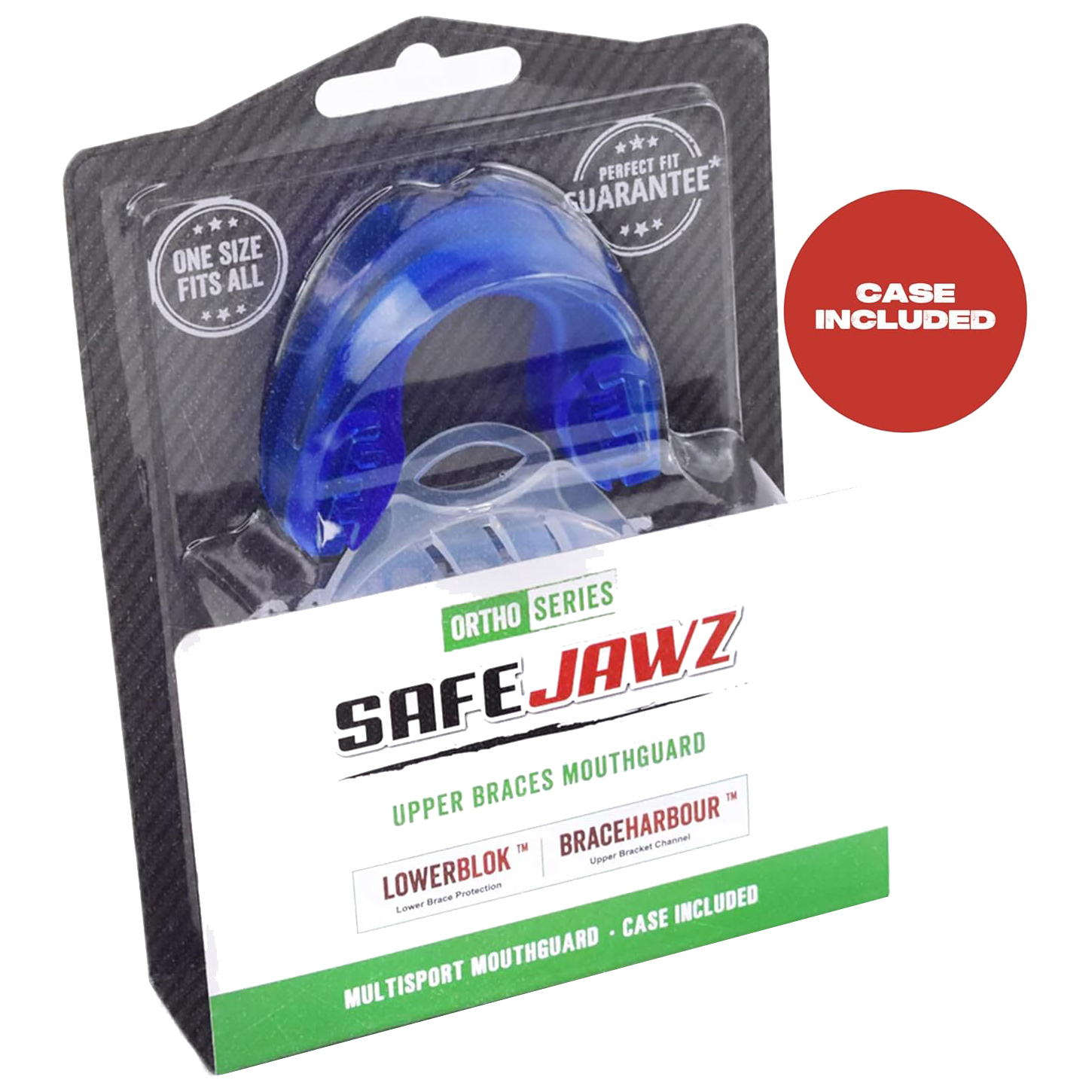SafeJawz ORTHO Sports Mouth Guard for Braces with Case and Disinfectant Spray Bundle Kit for Basketball, Football, MMA, Hockey, Wrestling - Ice Blue