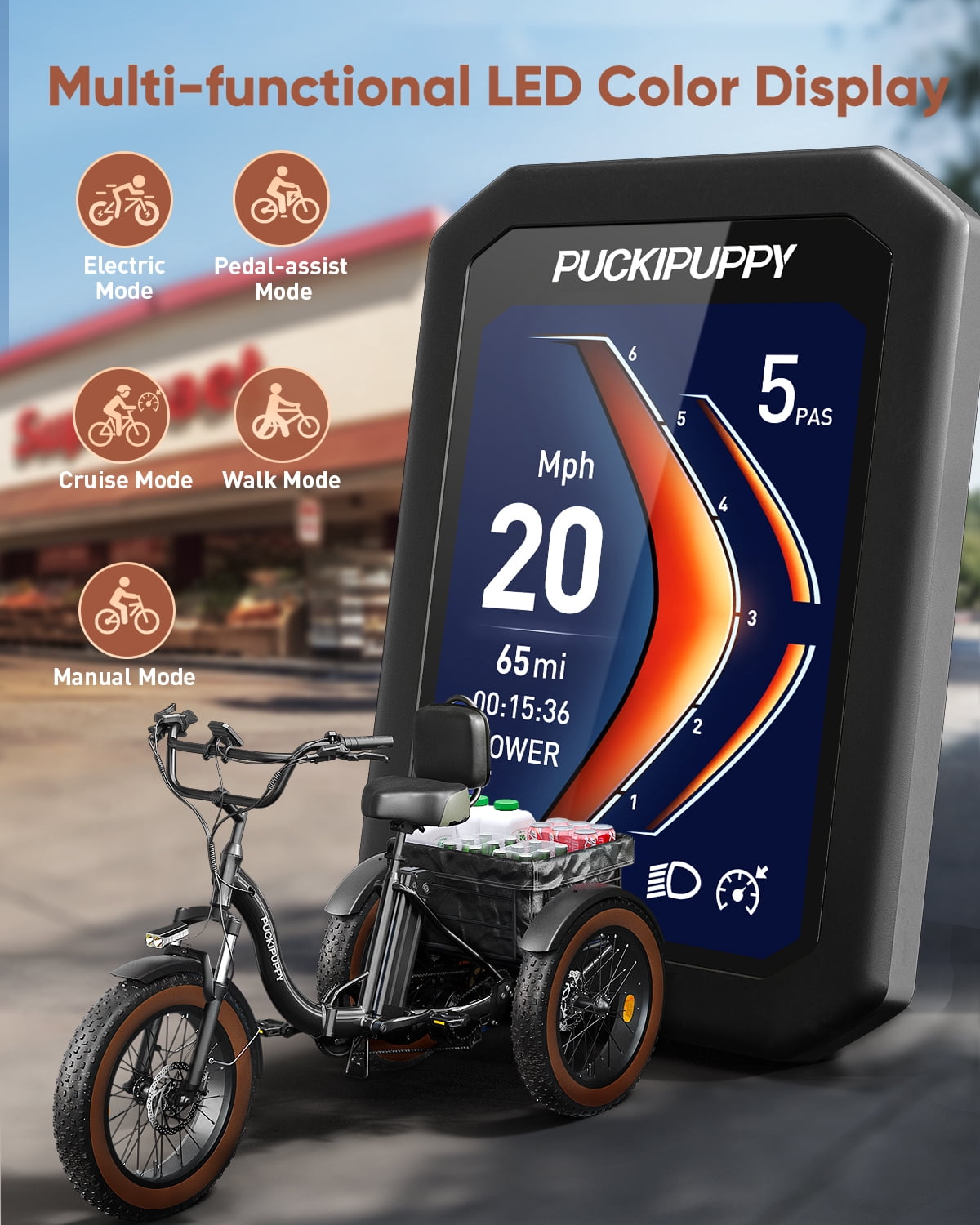 PUCKIPUPPY Electric Tricycle for Adults 960W Rear Motor 55Miles Range 20mph Max Speed 20" Fat Tire Electric Trike 3 Wheel Electric Bike 48V 15AH Battery E-Mountain Bike, Comply with UL2849 By SGS