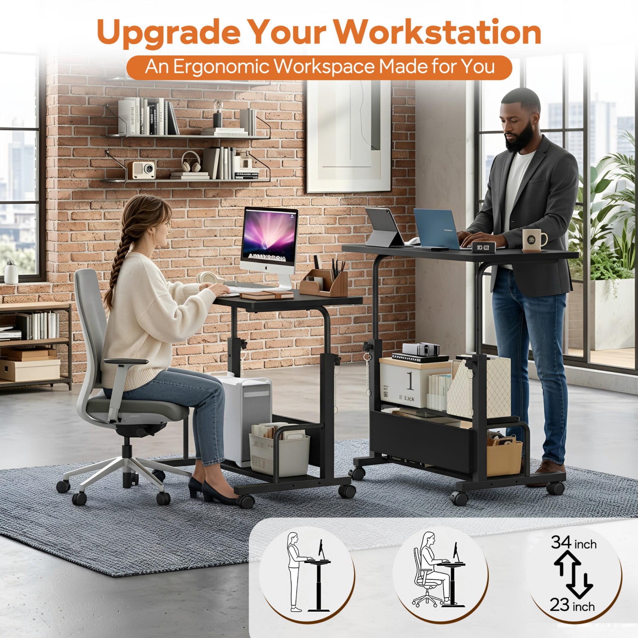 CONCETTA 31.5'' Adjustable Height Rolling Computer Desk with Storage Shelves, Portable Mobile Desk for Small Spaces Home Office, Black