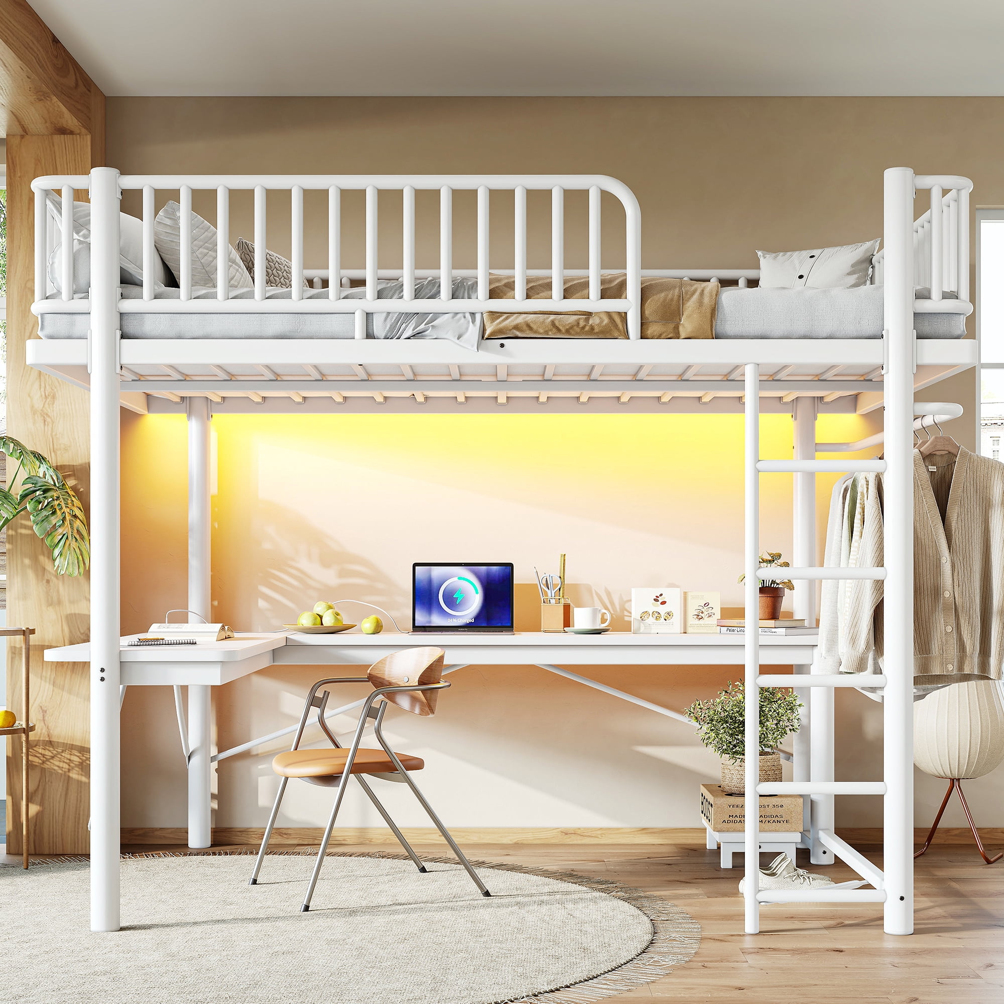 Leumius Queen Loft Bed Frame with L-Shaped Desk,LED Light Strip and Charge Station, Metal Loft Bed with Computer Mainframe Tray and Hanging Area, Special Round Pipe Design for Teens Adults White
