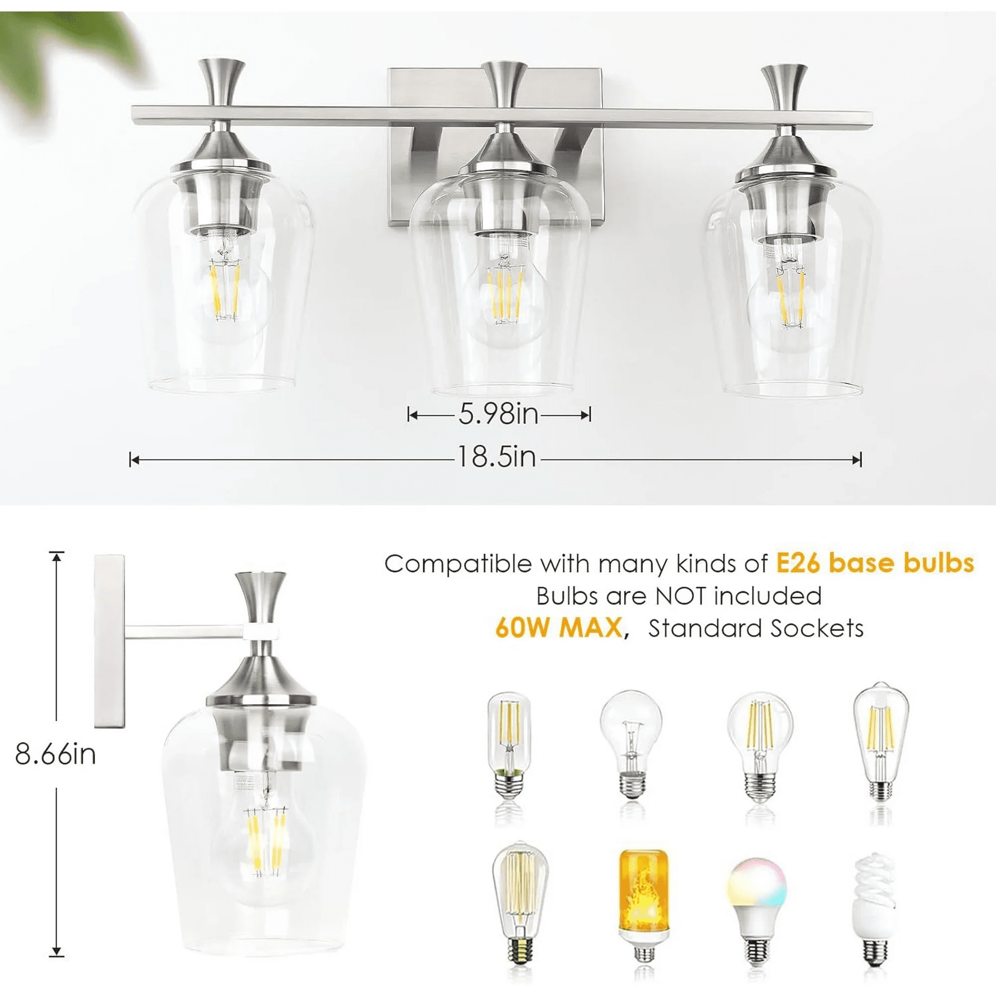 ROSYNEY Vanity Lights, Modern Electroplated Silver Bathroom Light Fixtures with Clear Glass Shades, E26 Base