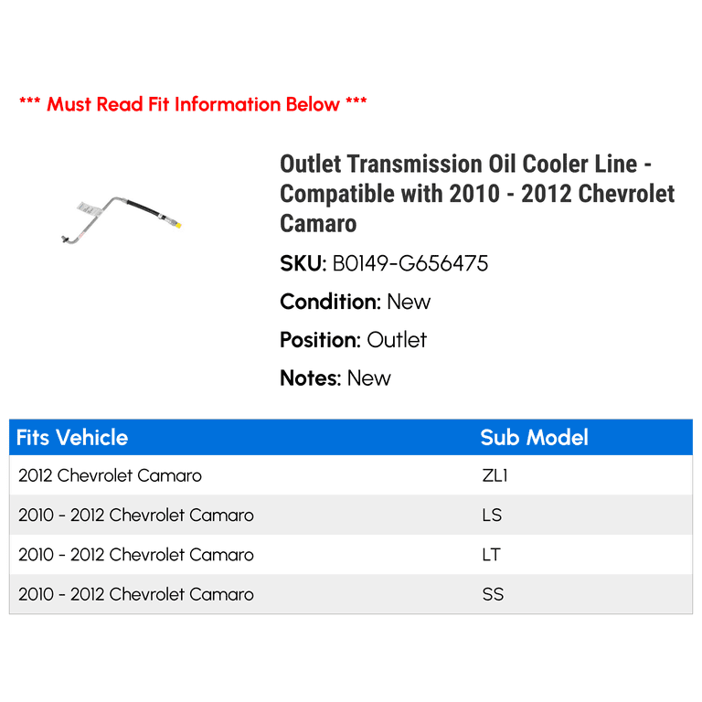 A-Premium Transmission Oil Cooler Line Hose For 2010-2012 Chevrolet Camaro - Direct Replacement 7.95 Inch