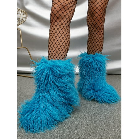 

Women s Faux Curly Fur Boots Fuzzy Fluffy Furry Mid-Calf Snow Boots Round Toe Suede Winter Warm Flat Boots Multicolor O8