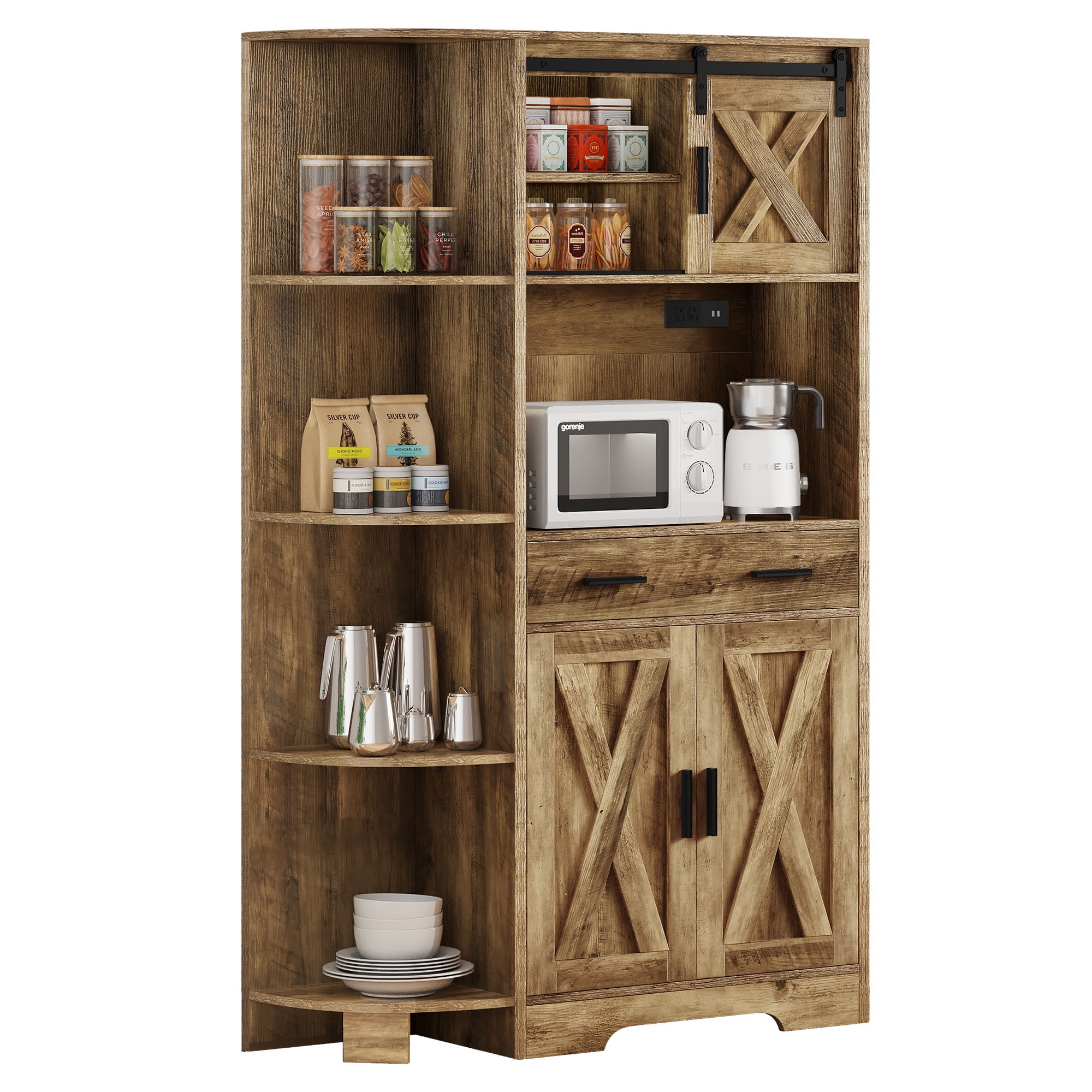 Dextrus 67" Farmhouse Pantry Storage Cabinet with Power Outlet ,Large Kitchen Pantry Buffet with Adjustable Shelves， Freestanding Hutch Cabinet with Doors & Microwave Shelf, Coffee Bar, Cupboard