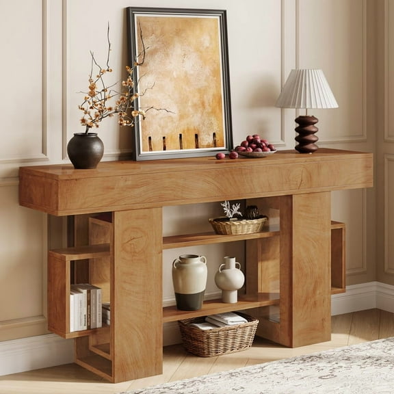 63" Farmhouse Console Table with Storage,3-Tier Wooden Sofa Table Behind Couch,Circular Frame Entryway Table for Entrances,Living Rooms, Hallways,Foyers,Natural