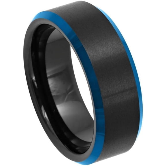 Ring for Men and Ladies Black IP ipauly inc Ring with Blue IP Beveled Edge – 8mm Wedding Band Ring Ideal Rings for Couples