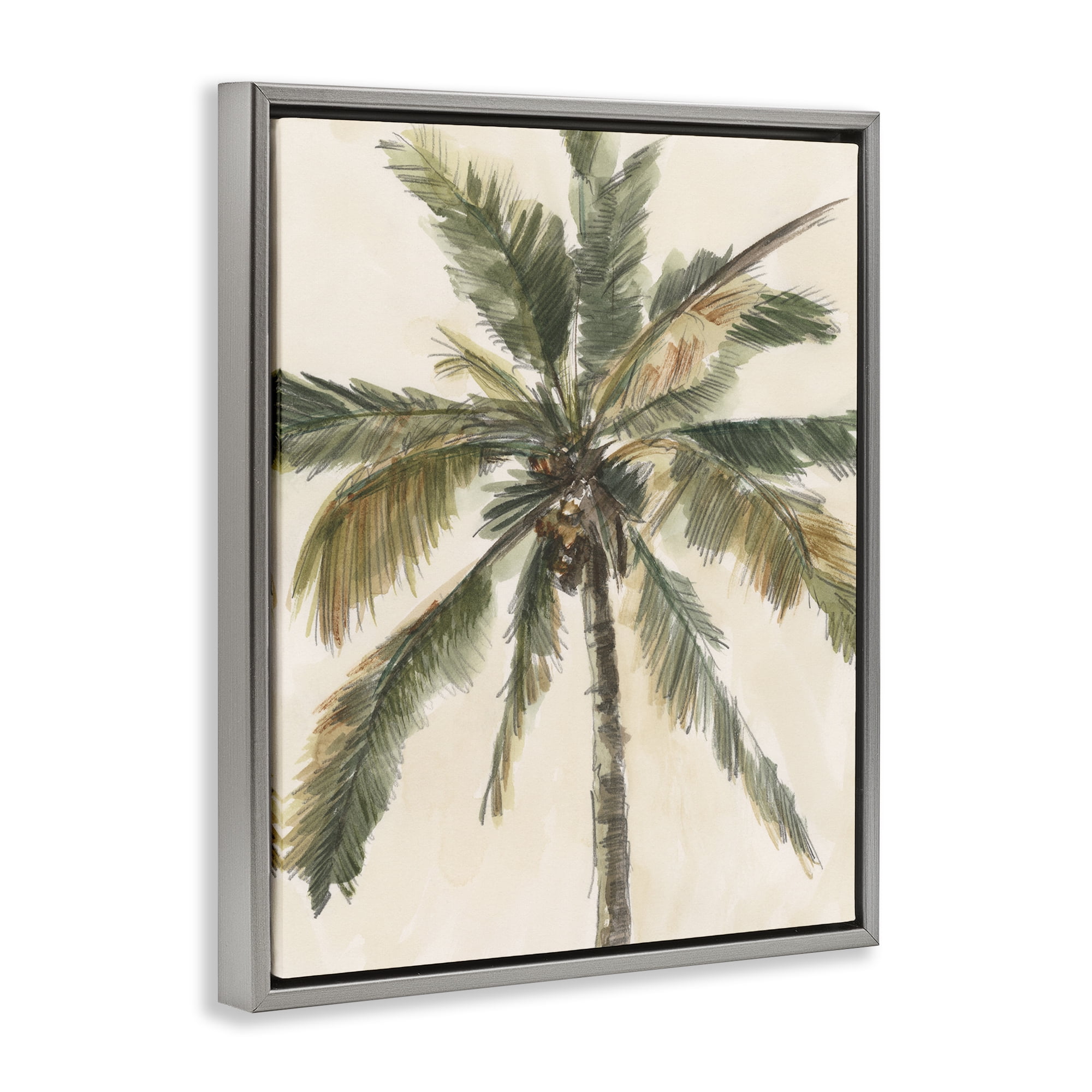 Stupell Industries Palm Tree on Beige Plants & Flowers Painting Gray Floater Framed Canvas Art Print Wall Art, 17 x 21