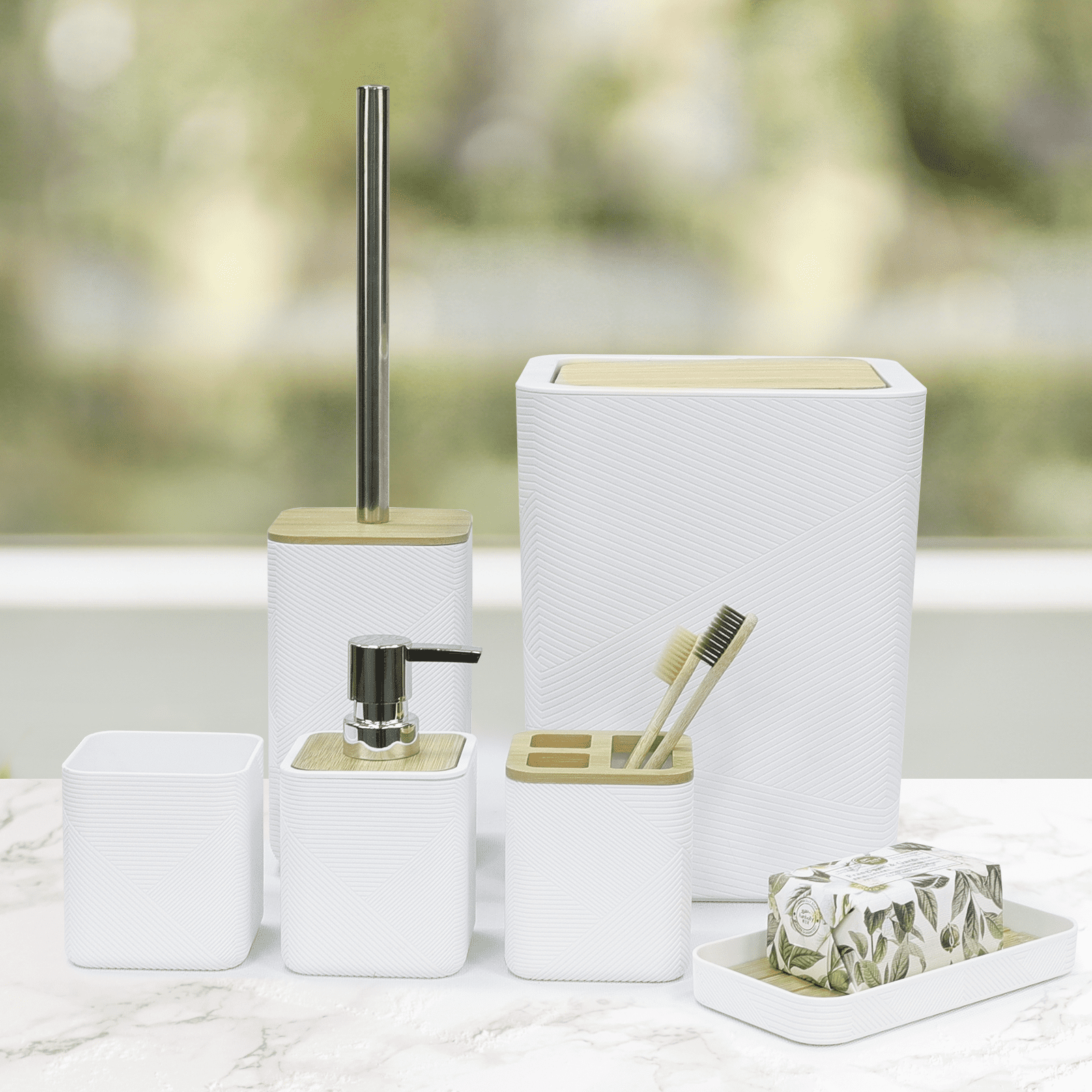 CERBIOR Bathroom Accessories Set 6 Piece Bamboo Bath Ensemble Includes Soap Dispenser, Toothbrush Holder, Toothbrush Cup, Soap Dish for Decorative Countertop and Housewarming Gift, White