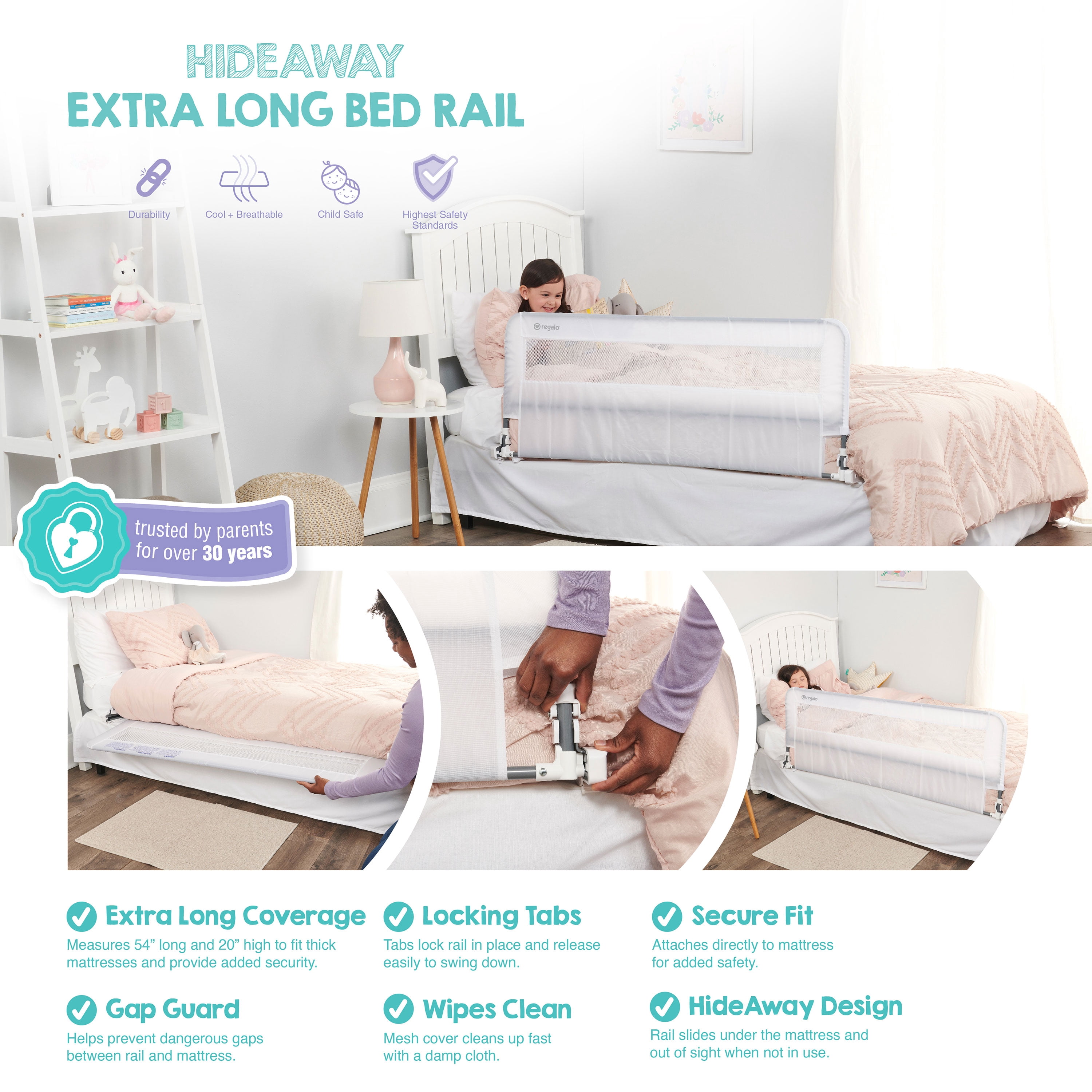 Regalo Hideaway 54" Extra Long Bed Rail Guard for Toddlers with Reinforced Anchor Safety System