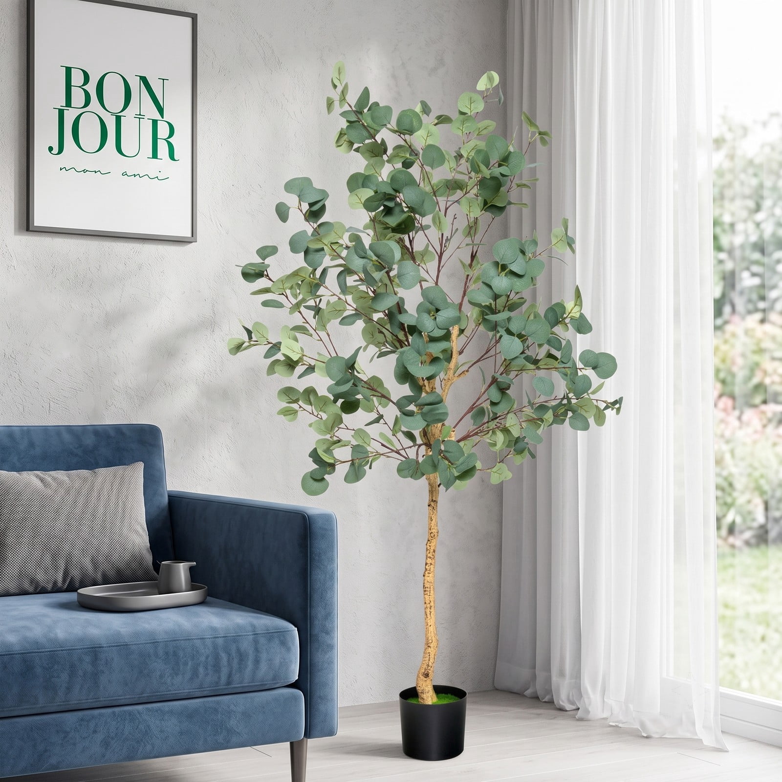 ALPULON 5.5 FT Artificial Eucalyptus Tree, Faux Silver Dollar Tree with 517 Leaves and Cement Pot, Tall Fake Plant for Indoor Home Office Living Room Corner, Green