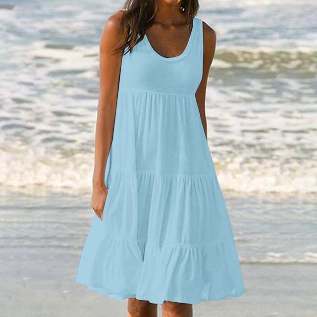 FcBaudy Robes d'Été pour Femmes, Robes pour Femmes, Jupe pour Femmes Robe d'Été pour Femmes à Col Rond Imprimée Sans Manches Robe de Plage pour Femmes Jupe en Coton