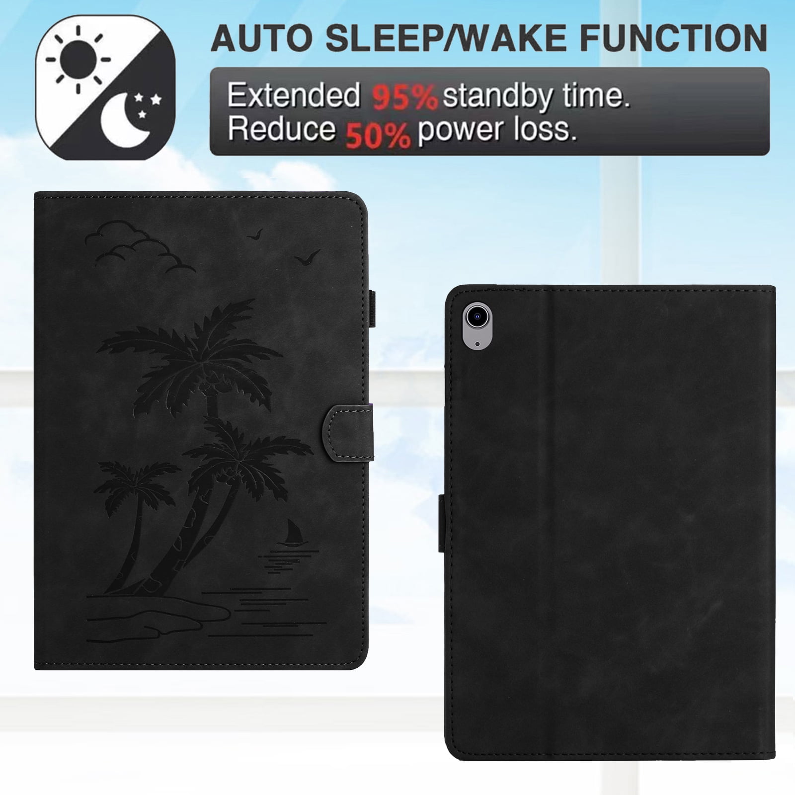 Allytechgroup for iPad (A16) 11th Generation 11 inch Case 2025 with Stand/Pencil Holder/Card Pockets/Magnetic Closure Smart Embossed Palm Tree PU Leather Folio Wallet Cover, [Auto Wake/Sleep], Black