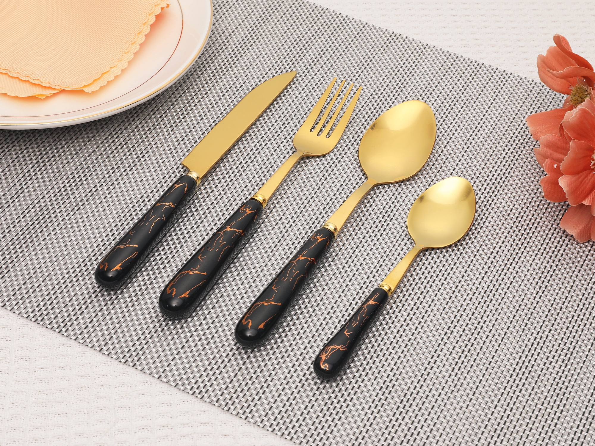 Unique Bargains 24 Pieces Stainless Steel Floral Flatware Set for 6 Black