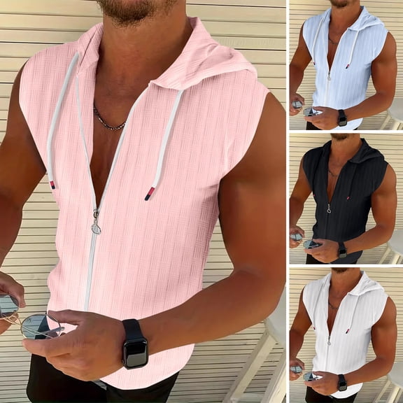 mdesiwst Men Hooded Zip-up T-Shirt Jacquard Sleeveless Hoodie Tee Stylish Textured Summer Tank Top for Gym Street Party Holiday