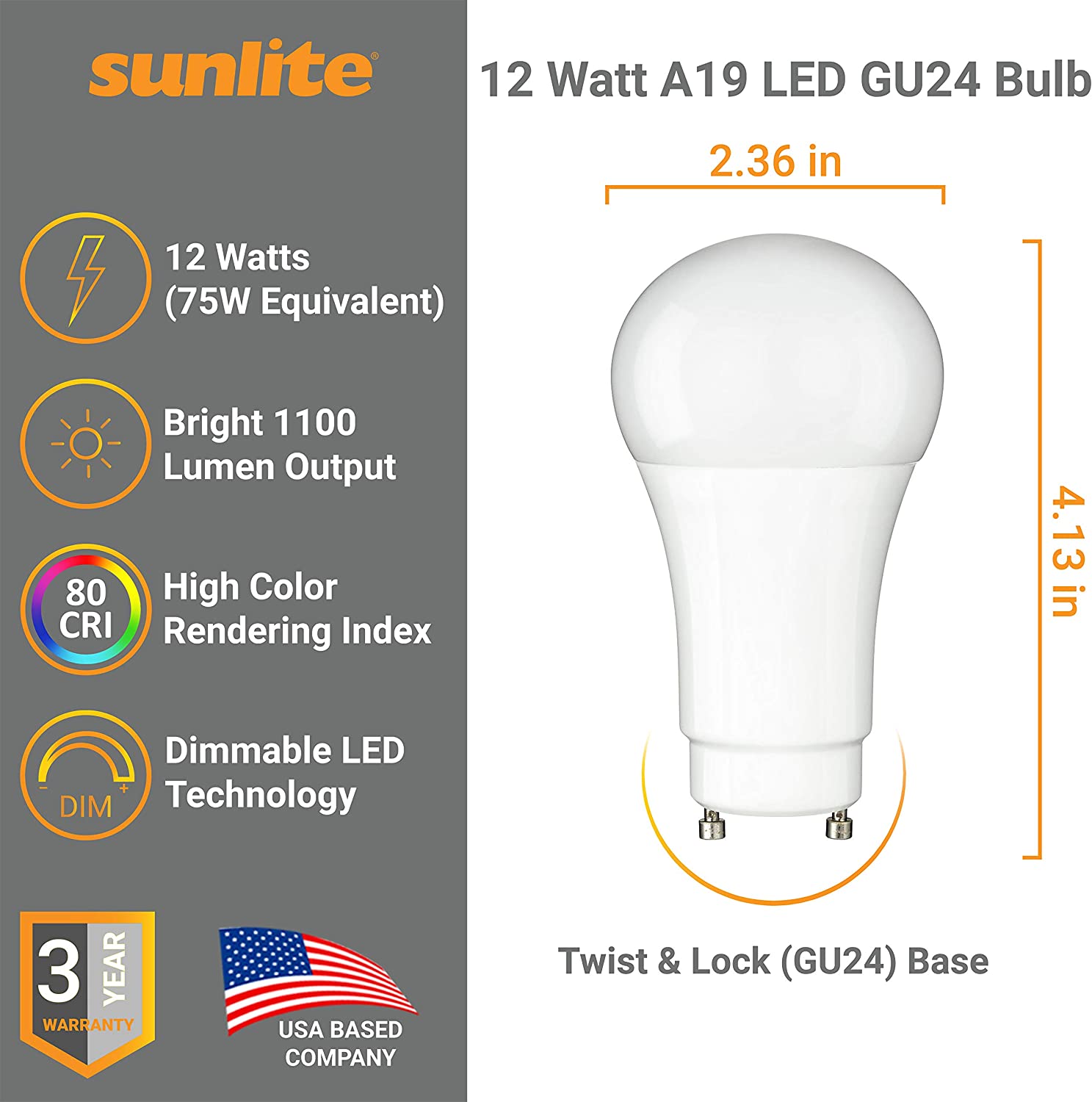 Sunlite LED A19 Light Bulb, 12 Watts (75W Equivalent), GU24 Twist and Lock Base, Dimmable,UL Listed, 5000K Super White, 6-Pack