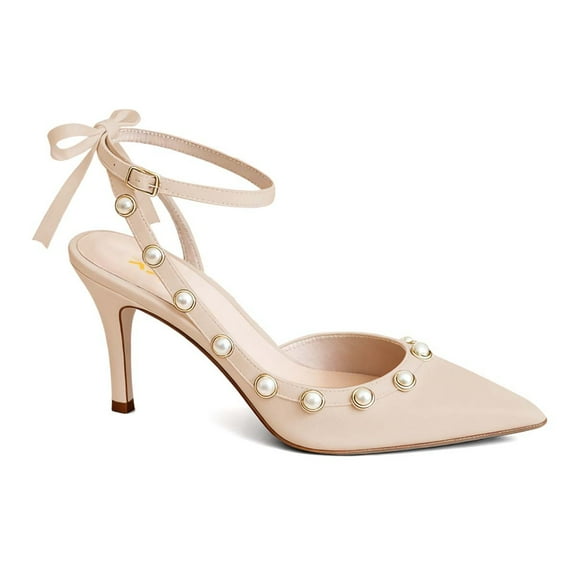 XYD Women Bowtie Pearls Ankle Strap Pumps Pointed Toe Slender Mid Heel Slingbacks Elegant Party Shoes Size 7 Nude