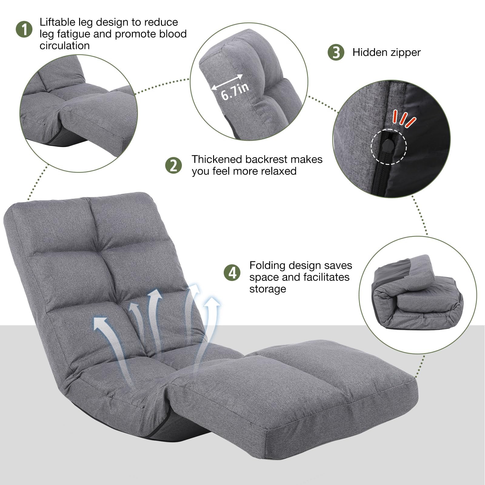 Floor Chair with Footrest Adjustable Backrest with 14 Positions Footrest 5-Position Adjustment Foldable Floor Gaming Chair for Easy Storage Linen Fabirc Chaise Lounge
