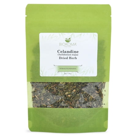 Biokoma Pure and Natural Celandine Dried Herb 50g (1.76oz) in Resealable Moisture Proof Pouch - Herbal Tea, No Additives, No Preservatives, Kosher