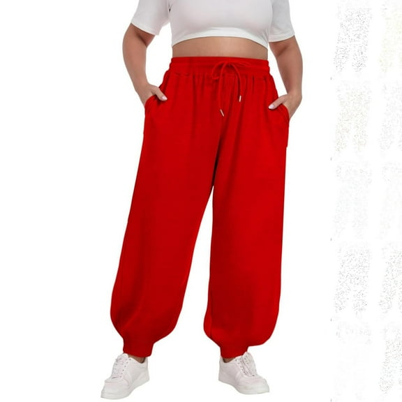 DPTALR Women's Plus Size Fashion Summer Solid Casual Pocket Pants With Bandage Elastic Waist,Red,Size XXL
