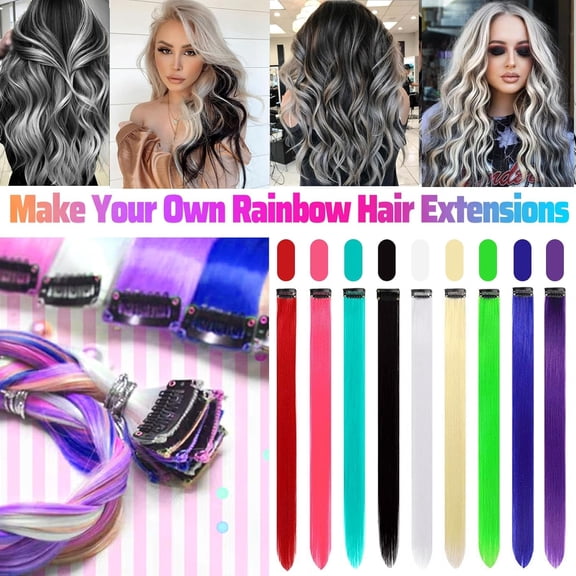 JINYUN-12 PCS Black Hair Extensions Clip in, Colored Party Highlights Extension for Girls Women Synthetic Hairpiece Straight 22 inch