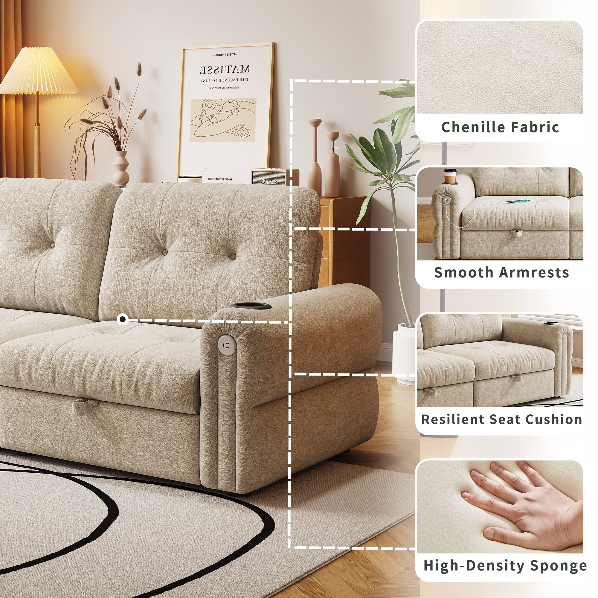 LLappuil 77" Pull Out Sofa Bed Queen Size, Loveseat Sofa Convertible Sofa Bed with USB Port Cupholders, Chenille Sofa Couch for Living Room Beige