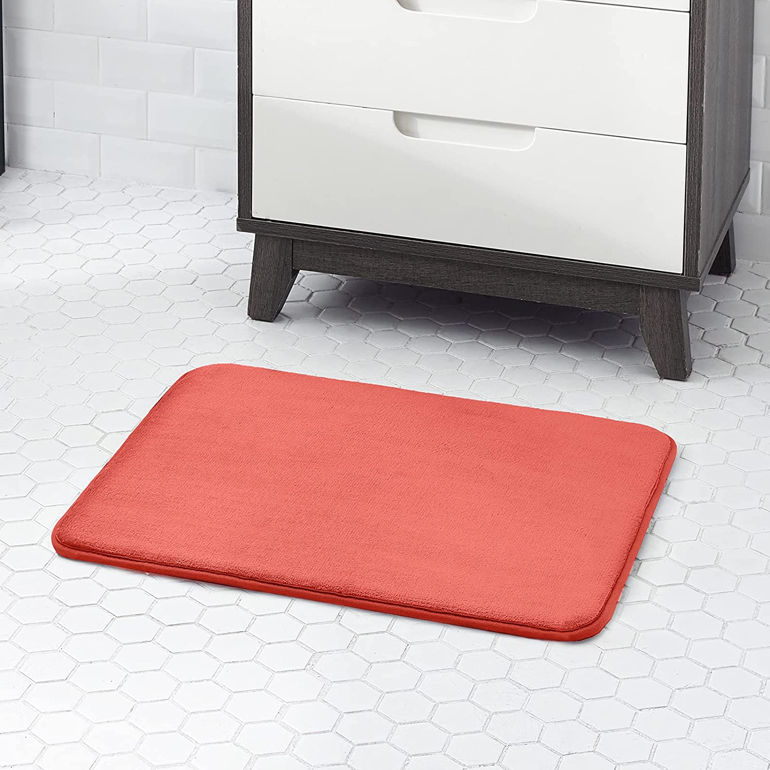 Extra Thick Memory Foam Bath Rug (20x32 Coral) Nonslip Absorbant Super Cozy Velvet Bathroom Mat, Premium Soft Plush Comfortable Carpet for Bath Room Shower Floor Tub, Machine Washable